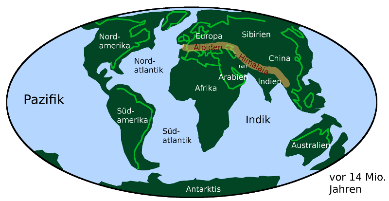 Grafik: Verteilung der Kontinente im Neogen